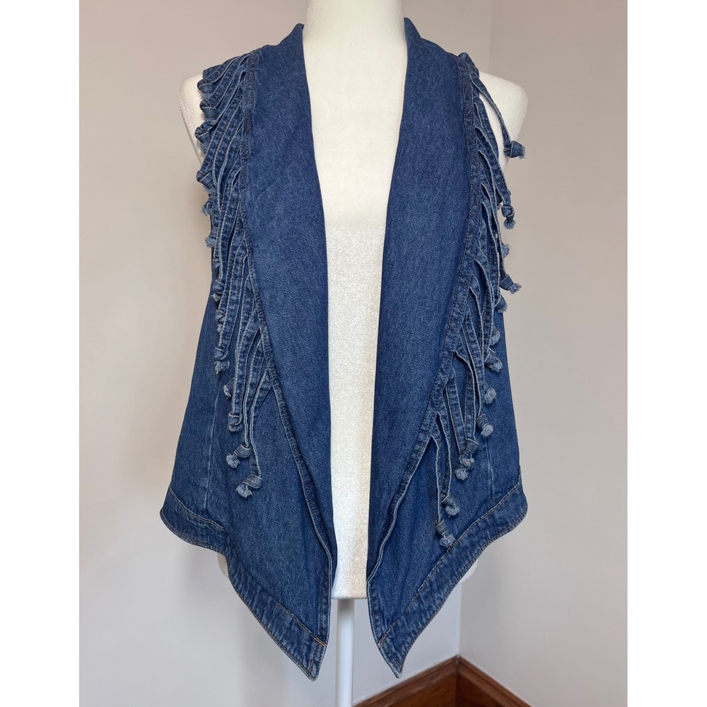 Simply Barbara Vintage Western Fringe Vest Women XL Blue Denim Boho Cowgirl